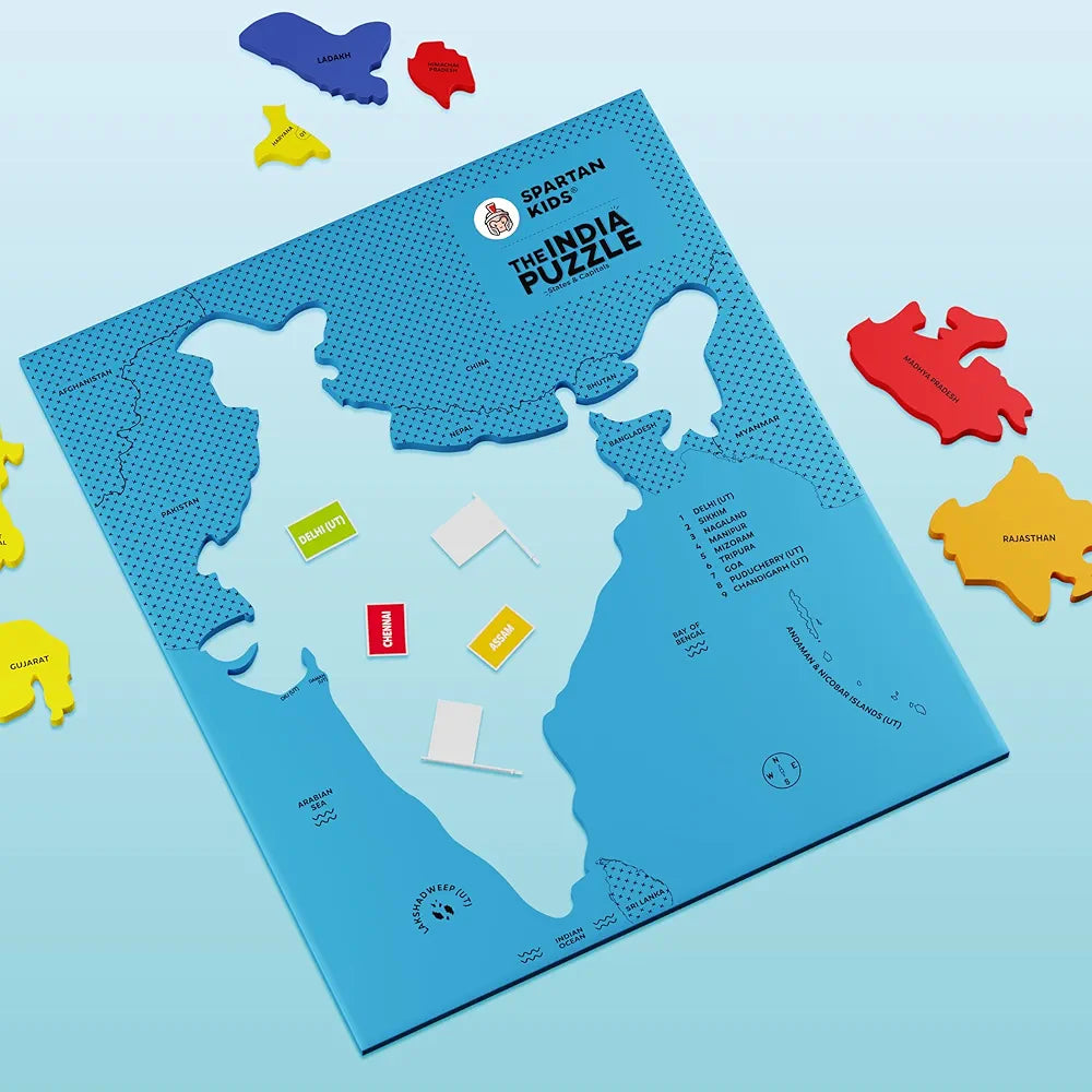 SPARTAN KIDS® India Map Puzzle, Learn Indian States & Capitals, Educational Toy for Ages 4-8, 25-Piece Jigsaw with Foam Frame, 33 Flags, 70 Capital Stickers, Geography Gift for Kids