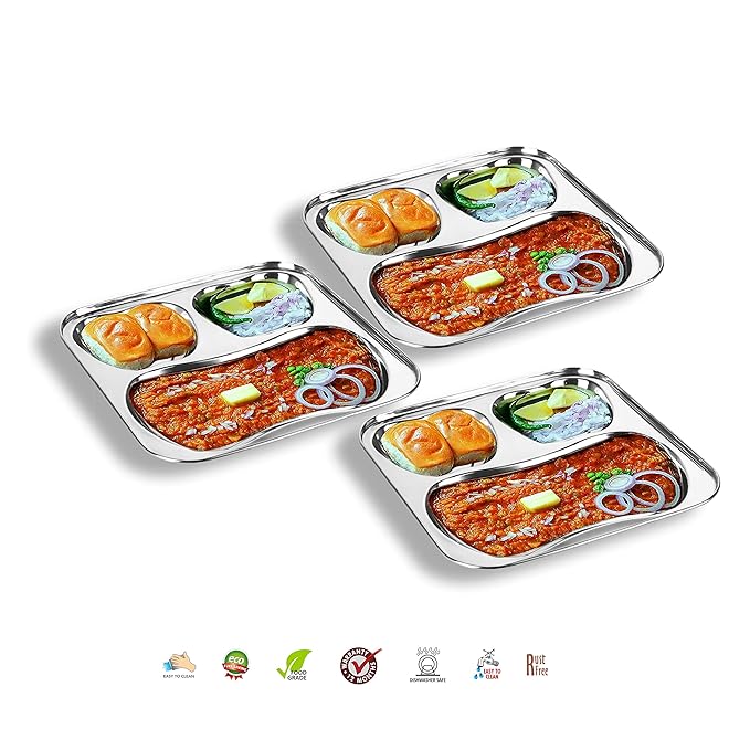 Sumeet Stainless Steel 3 in 1 Pav Bhaji Big Plate 24.5cm Set of 3pc