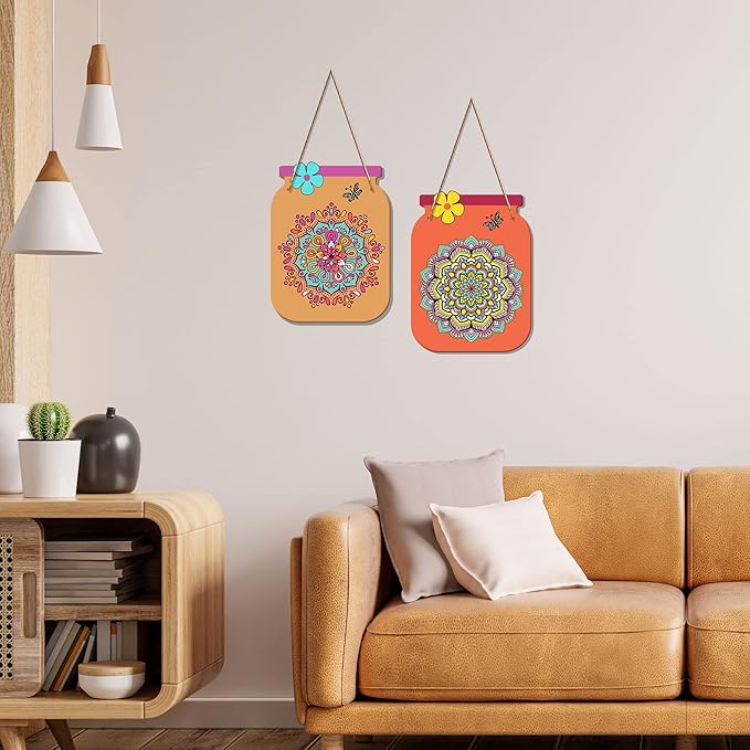 Artvibes Mandala Pattern Decorative Wall Art Mdf Wooden Wall Hanger for Living Room | Set of 2