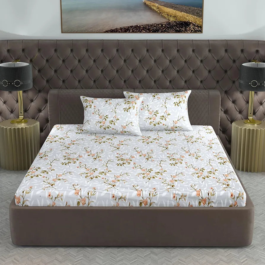 Divine Casa 200 TC 100% Cotton King Size Bedsheet Premium Soft Fabric Includes 2 Pillow Covers Colour Floral Grey