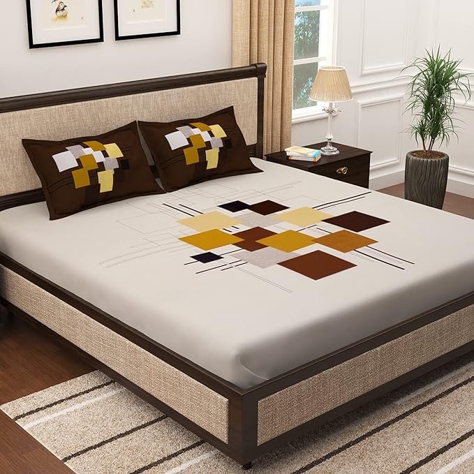 Story@Home Cotton Abstract Print Tevel King Size Bedsheet with 2 Pillow Covers White & Brown Colour