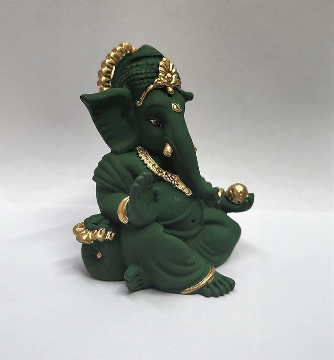 Gold Art India Terracotta Green Gaddi Ganesha for Car Dashboard Home Decor Gadditerracotta green