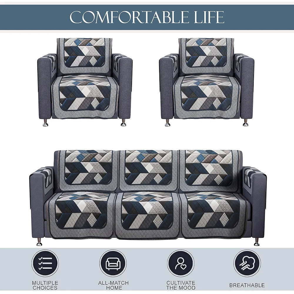 Kuber Industries Set of 16 Velvet Anti-Skid Sofa Cover 5-Seater with Arm Cover Triangular-Grey & Blue