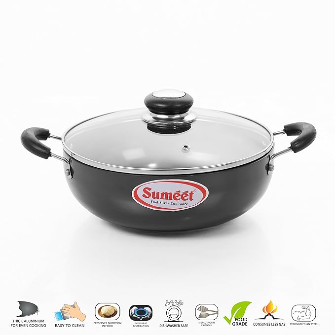 Sumeet 3mm Hardanodised Deep kadhai with Glass Lid 11 20.5cm Dia 1.5 Ltr Capacity