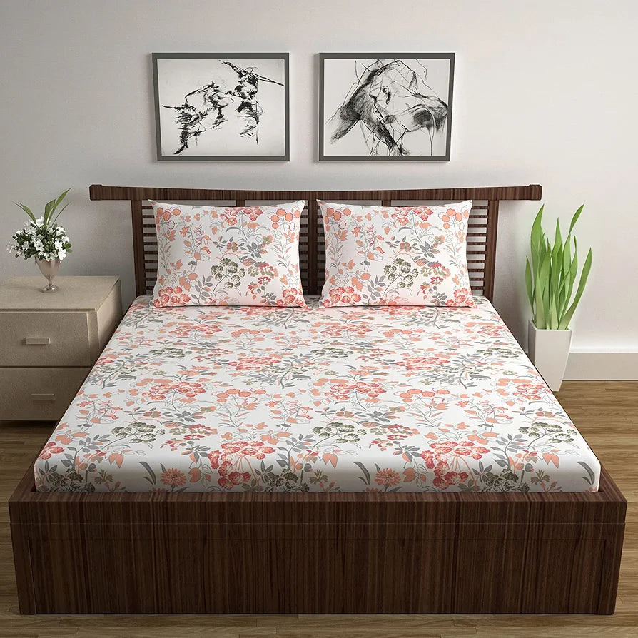 Divine Casa 144 TC 100% Cotton Bedsheet for Double Bed with 2 Pillow Cover Colour Coral Pink