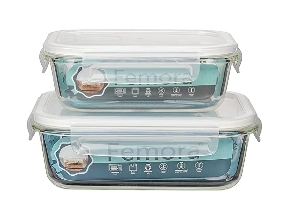 Femora Borosilicate Glass Containers for Kitchen | Storage Box for Kitchen With Air Vent Lid | Set of 2 400 Ml, 620 Ml