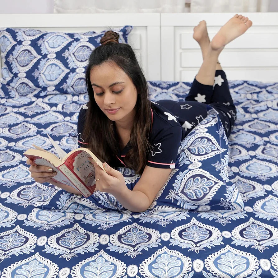 Divine Casa 100% Cotton Bedsheet for Single Bed, 144 TC Bedsheet Single Size Bed Cotton with 1 Pillow Cover Colour Dazzling Blue