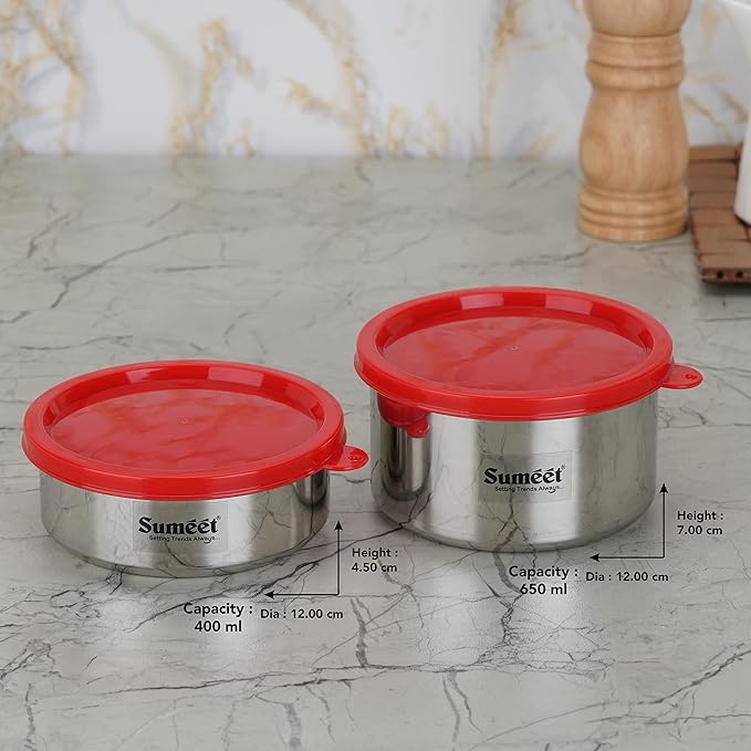 Sumeet Stainless Steel Airtight & Leak Proof Food Storage Container 400 ml & 650 ml 2PC Silver