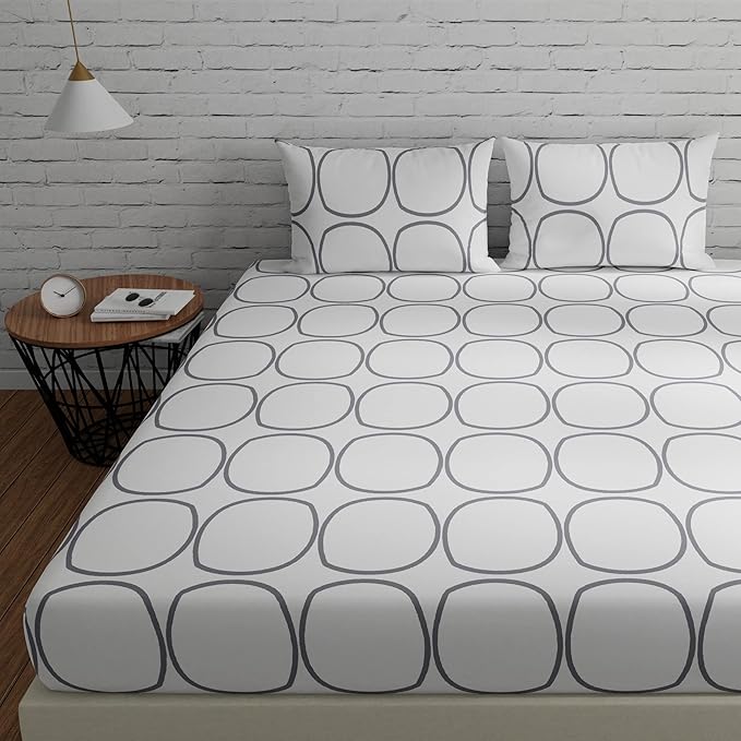 Huesland by Ahmedabad Cotton 144 TC Bedsheet for King Size Bed with 2 Pillow Covers | White (Grey Circles)