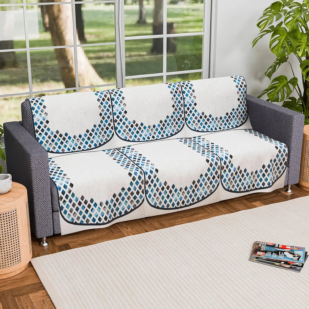 Kuber Industries Set of 6 Velvet 3 Seater Sofa Covers for Living Room Dot Border Grey & Blue
