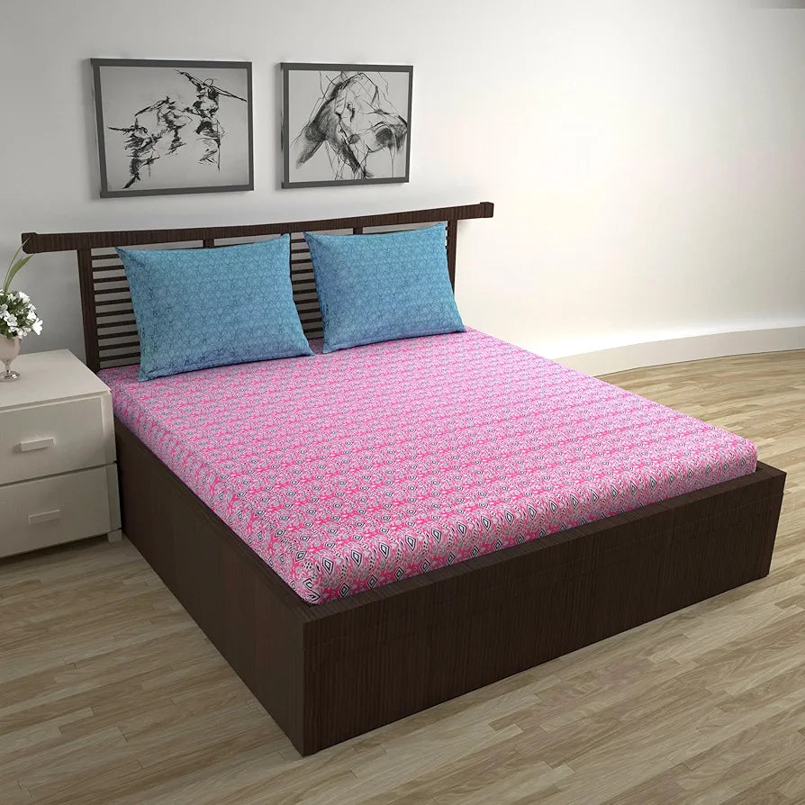 Divine Casa 144 TC 100% Pure Cotton Double Bedsheet with 2 Pillow Covers Geometric Petal Colour Pink Fuchsia