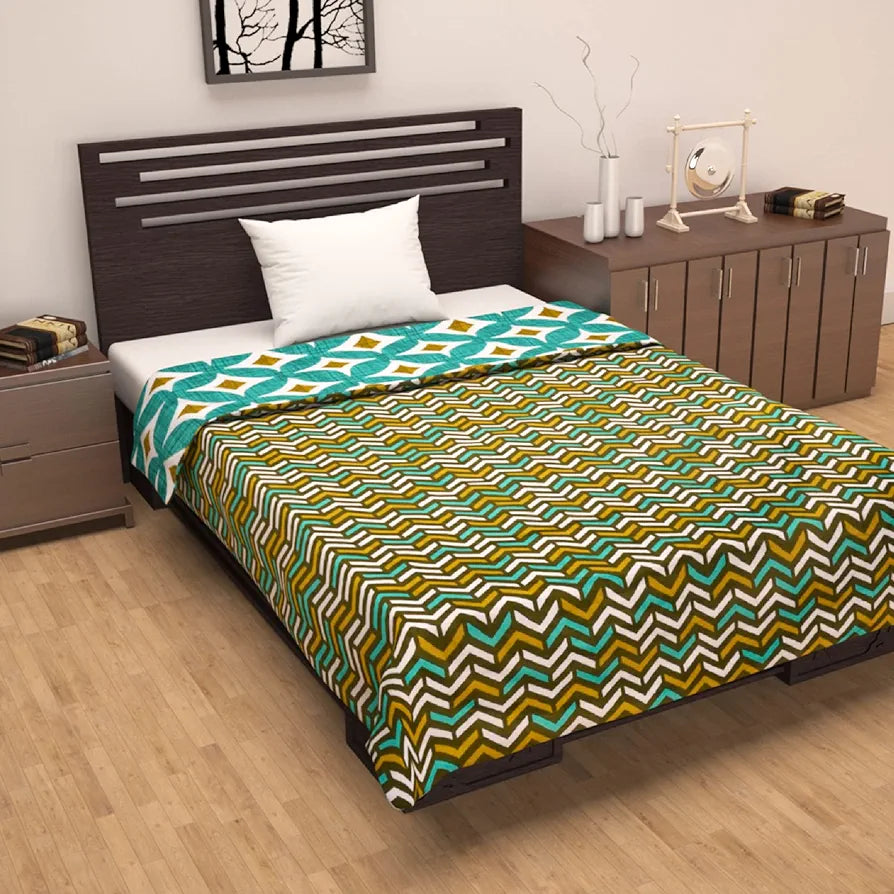 Divine Casa Cambric Cotton Single Bed Dohar 3 Layer dohar with Flannel Inside Reversible Both Sides Usable Blanket TC - 120Aqua Colour Green Angular Shape