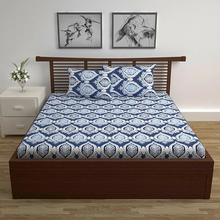 Divine Casa 144 TC 100% Cotton Double Bedsheet with 2 Pillow Covers Floral Pattern Colour Dazzling Blue
