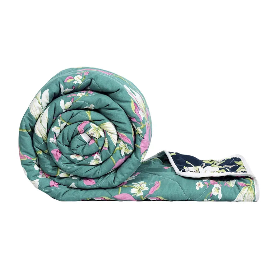 Divine Casa Microfibre 120 GSM Reversible Flower Print Single Bed Size Comforter Blanket TC - 120 Colour Sea Green and Blue