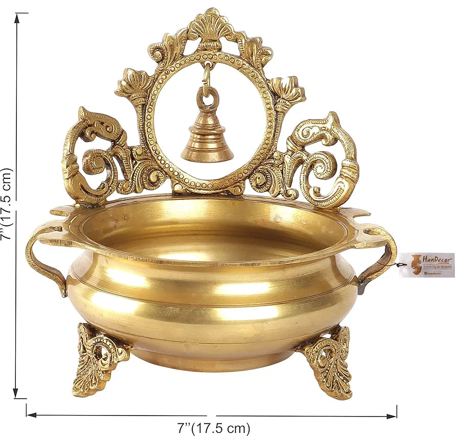 Two Moustaches Ethnic Indian Carved 7 Inches Brass Decor Urli Bowl with Bell