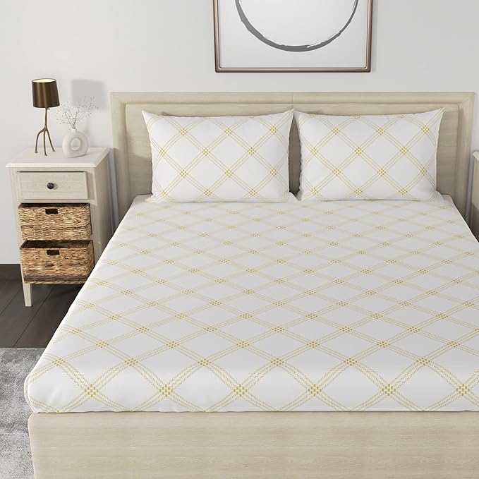 Huesland by Ahmedabad Cotton 186 TC Bedsheet for King Size Bed with 2 Pillow Covers | White (Yellow Pattern)