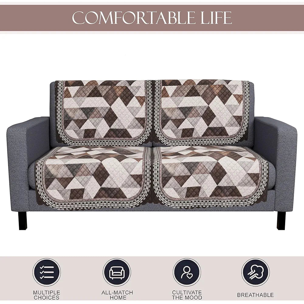 Kuber Industries Set of 4 Durable 2 Seater Sofa Cover Triangle Print White & Brown