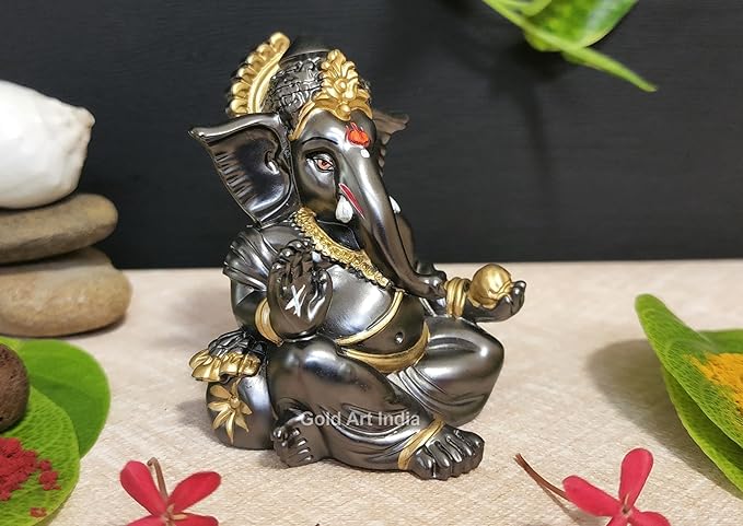 Gold Art India Gaddi Ganesha Idol Magnet Color with Golden Jewelry Perfect for Car Dashboards