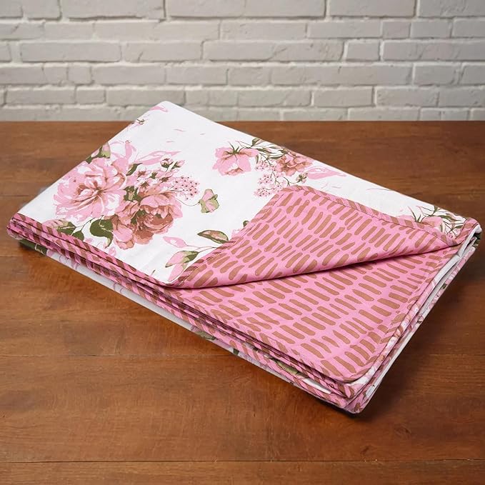 Huesland 100% Cotton Reversible Dohar Single Bed Cotton | Soft Cambric Weave, All Weather Light Ac Blanket | White, Pink & Green