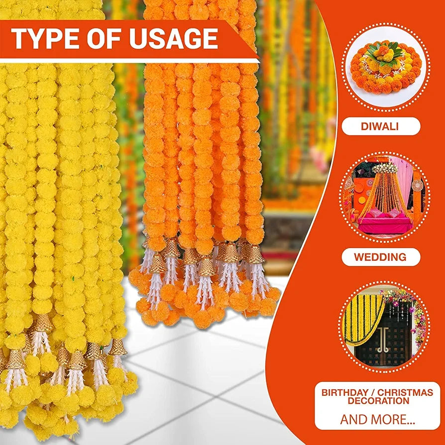Artificial Genda Phool for Decoration Flowers Garland with Bell 5 Feet Long 10 Pcs with 2 Diya Yellow+Orange