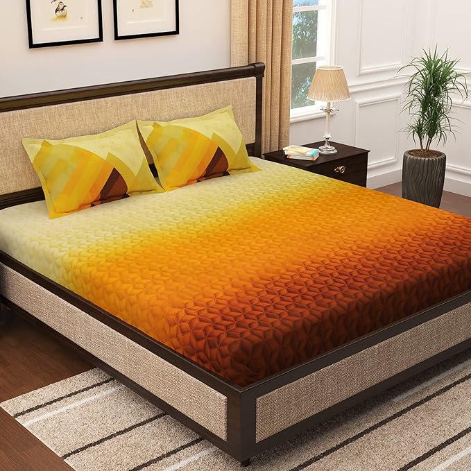 Story@Home Tevel Collection King Size Bedsheet Cotton with Two Pillow Covers, Mustard and Brown Colour