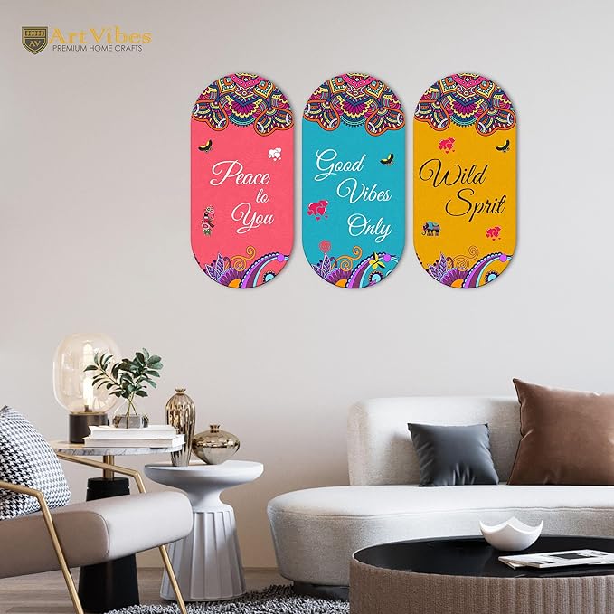 Artvibes Positive Quote Wooden Wall Hanging Decoration Items for Home | Mdf Wall Decoration for Living Room | Set of 3
