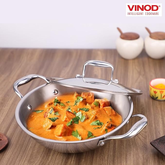 Vinod Platinum Triply Stainless Steel Cookware Kadai With Lid | 2.5 Litres | 24 Cm | 2.5 Mm Thick | 3 Layer Kadhai
