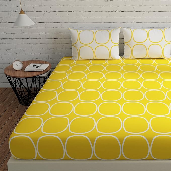 Huesland by Ahmedabad Cotton 144 Tc Cotton Bedsheet for Double Bed King Size with 2 Pillow Covers | Yellow & White
