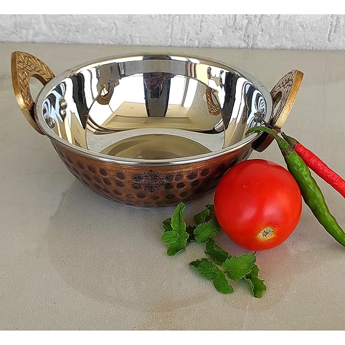 Indian Art Villa Hammered Antique Dark Finish Design Steel Copper Kadhai/Wok Each - 312 gms (Pack of 2)
