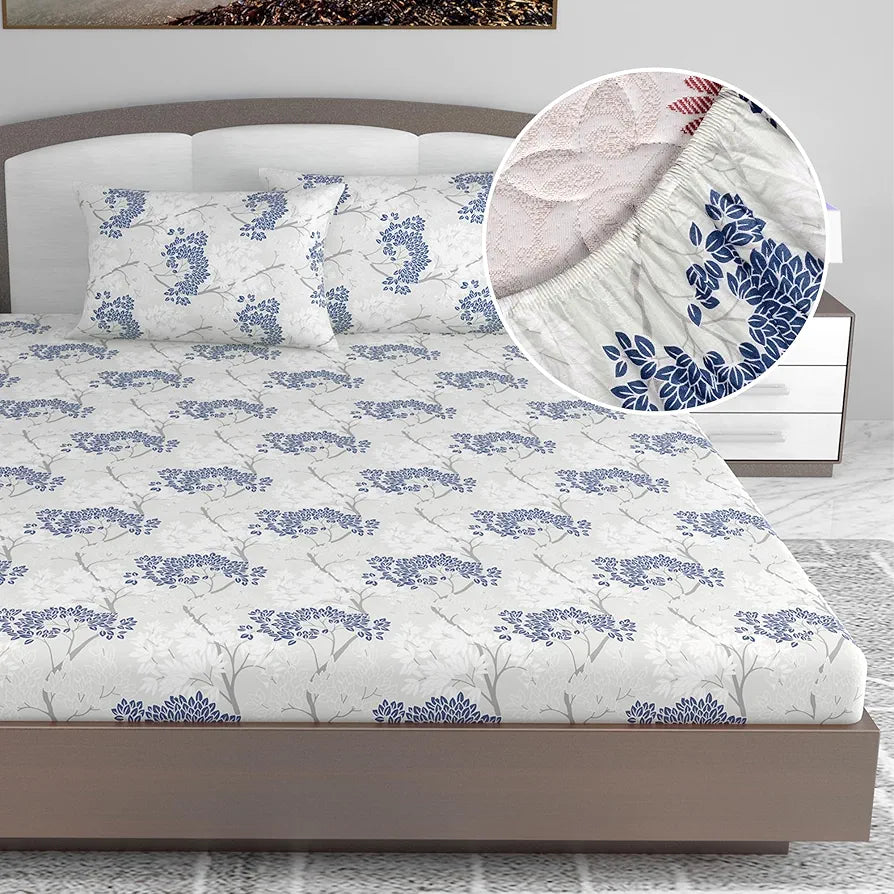 Divine Casa 144 TC Floral Print King Size Fitted Bedsheet 100% Cotton Skin Friendly & Soft Colour Harbor Mist