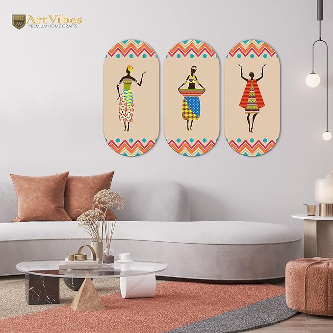 Artvibes African Women Dancing Warli Art Wooden Wall Hanger for Home | Set of 3