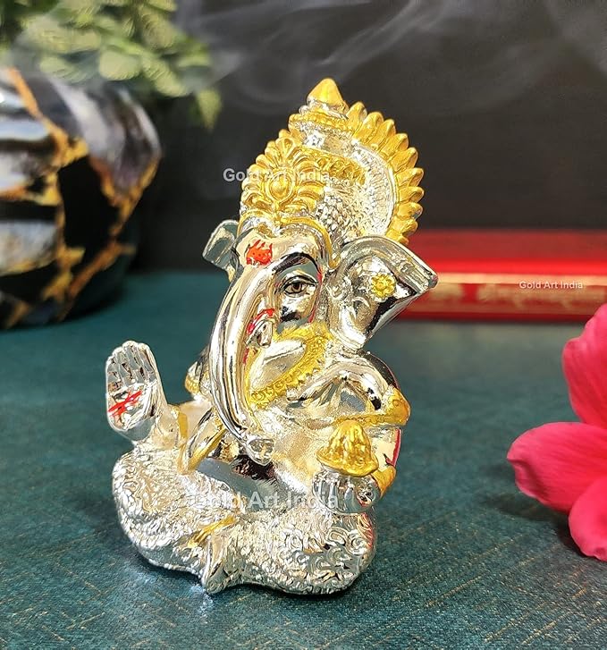 Gold Art India Silver Plated Ganesha Idol for car Dashboard Office & Home