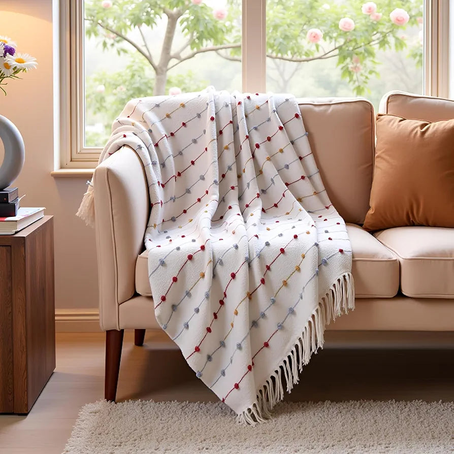 Sajavat Home Hand Knitted Pure Cotton 3 Seater Sofa Throw Colour Beige Multi