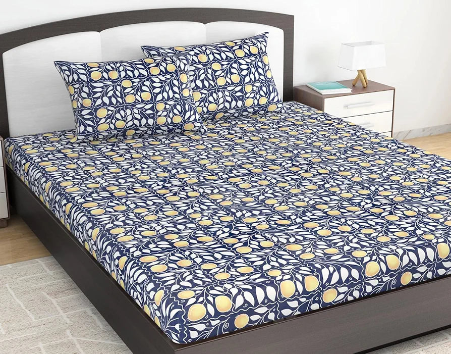 Divine Casa 100% Cotton 144 TC King Size Bedsheet with 2 Pillow Covers Colour Navy & Orange