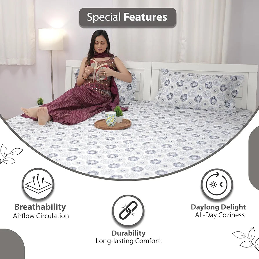 Divine Casa 144 TC 100% Cotton Bedsheet for Double Bed with 2 Pillow Cover Colour Soft Blue