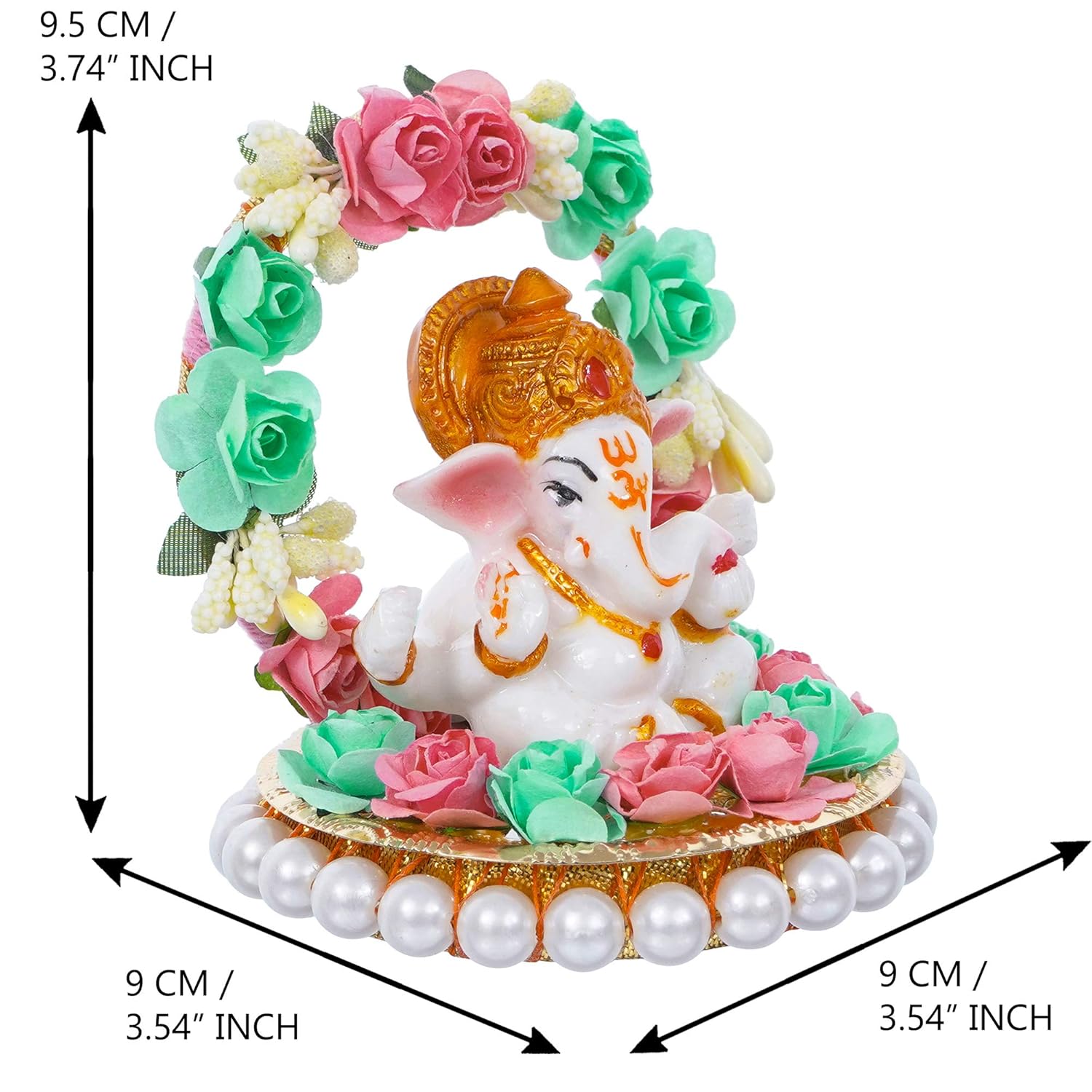 Ecraftindia Lord Ganesha Idol on Decorative Handcrafted Plate With Throne of Pink and Green Flowers
