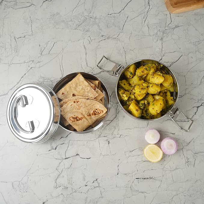 Sumeet Stainless Steel 2 Compartment Lunch Box/Tiffin Lid and Handle 11.5Cm (1000 ml Silver)