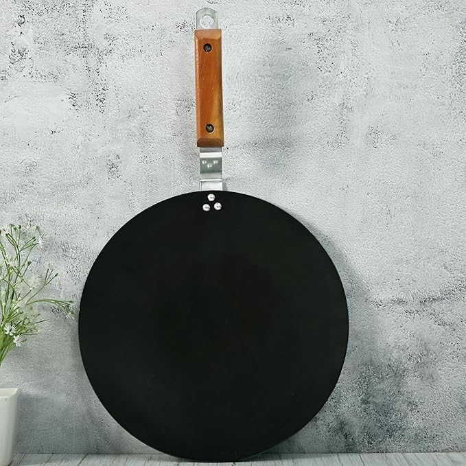 Femora Iron Concave Tawa 12 Inch | 30 Cm | Tava for Roti With Strong Wooden Handle Black | Gas Stovetop Compatible
