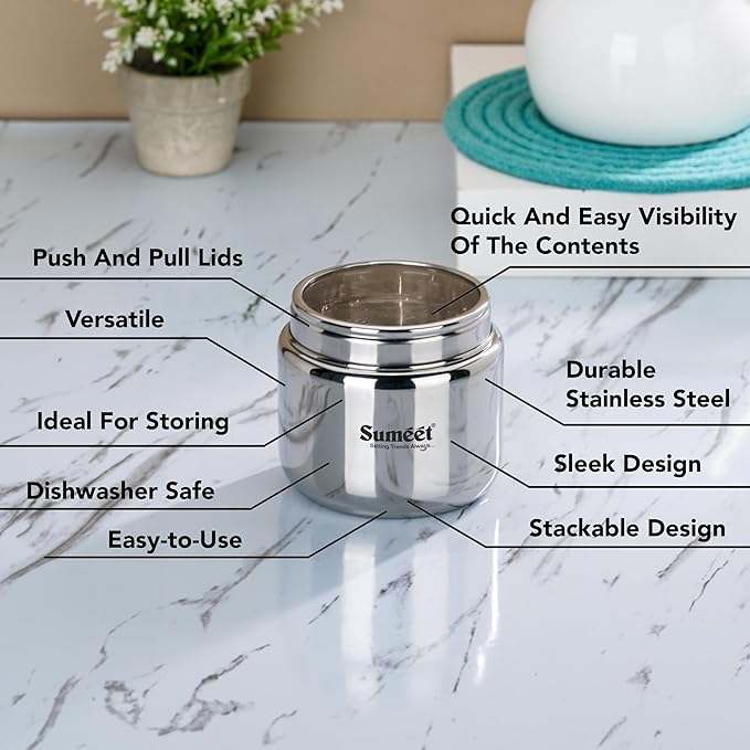 Sumeet Stainless Steel Small Storage Containers Lid Set of 2 Pcs 400ml Each 9cm Silver