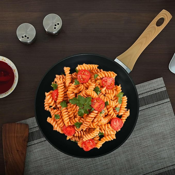 Femora Foged Die Cast Aluminium Non Stick 26 Cm Frypan With Wood Finish Handle | Granite Finish | Induction & Gas Ready