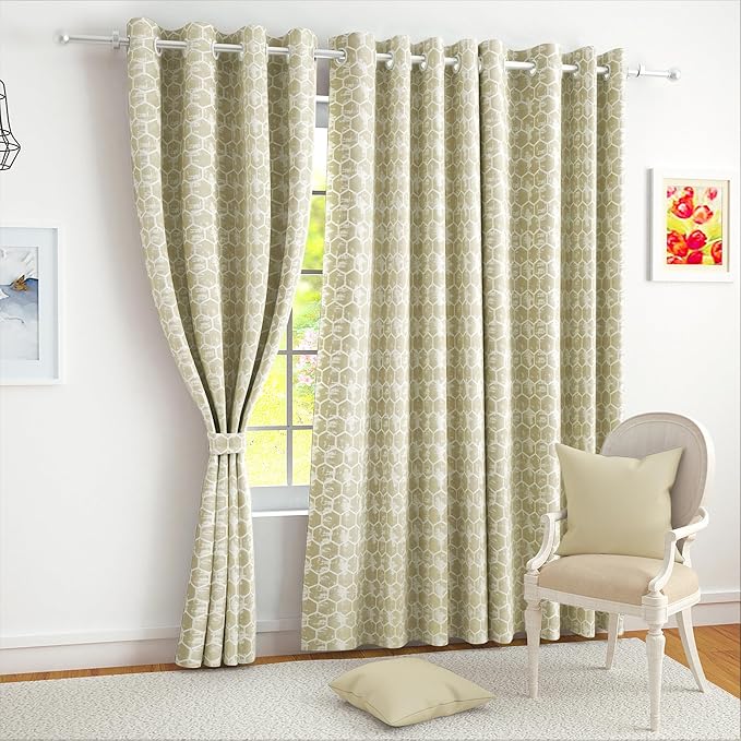 Story@Home Hexagon Hive Door Curtains 7 feet Long Cream Colour Semi-Sheer Geometric Design