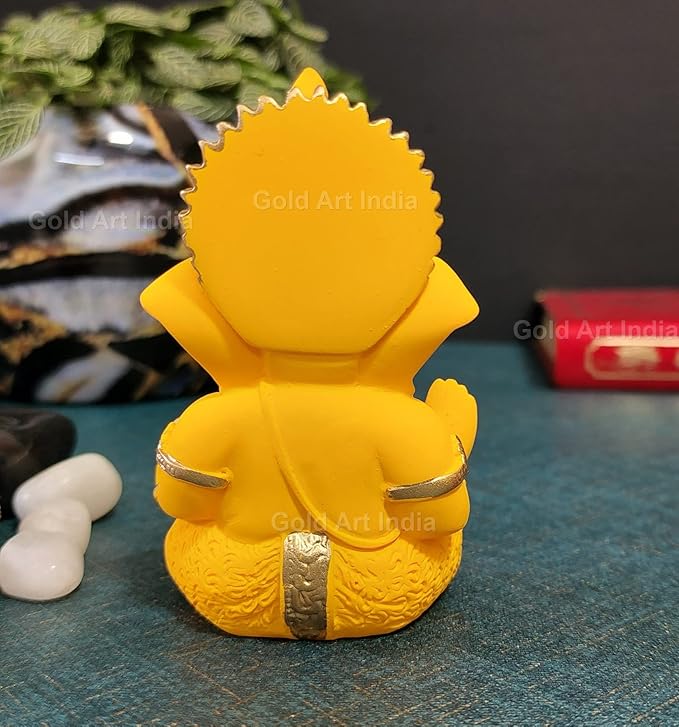 Gold Art India Yellow Mukut Ganesha Good for Divine Home Office Decor Car Dashboard Idol