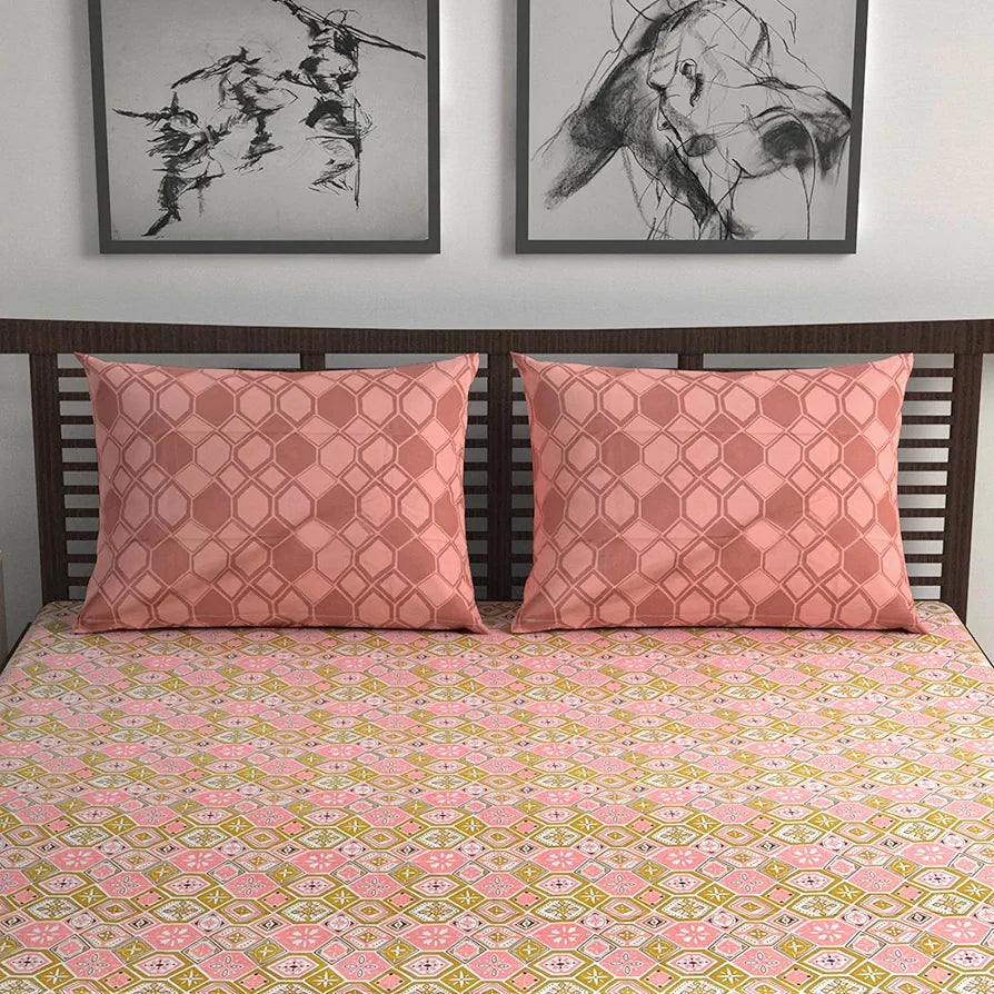 Divine Casa 144 TC Pure Cotton Double Bedsheet with 2 Pillow Covers Geo Nordic Hexa Colour Mustard Rose Pink