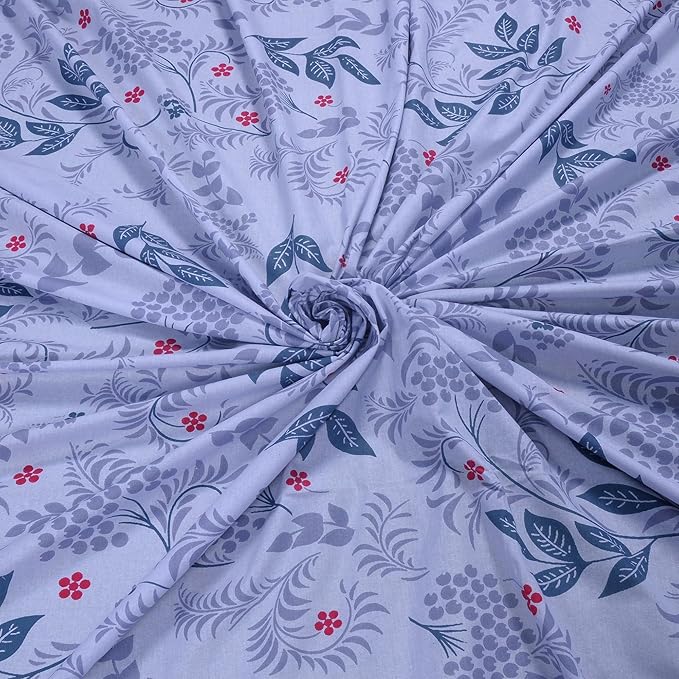 Huesland by Ahmedabad Cotton 144 TC King Size Bedsheet Cotton with 2 Pillow Covers | Botanical Bliss | Light Purple, Blue & Grey