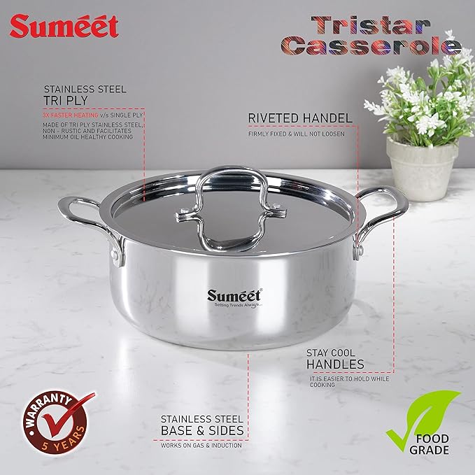 Sumeet Cook Smart TriPly Steel-Aluminium-Steel 3 Layers Casserole Lid- 2.9Ltr 20Cm Silver