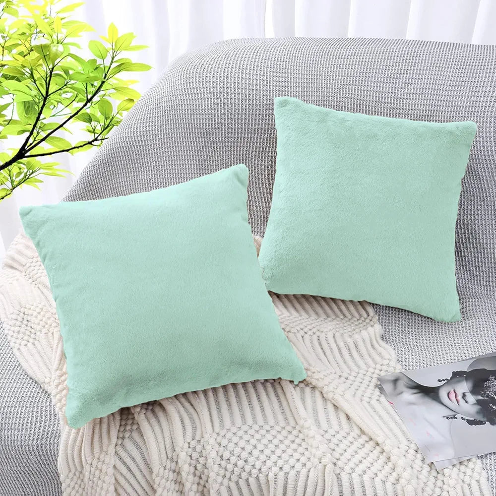 Luxe Home Cushion Cover Duble Side Rabbit Fur Plain Design Covers Set of 2 for Sofa Colour Lime