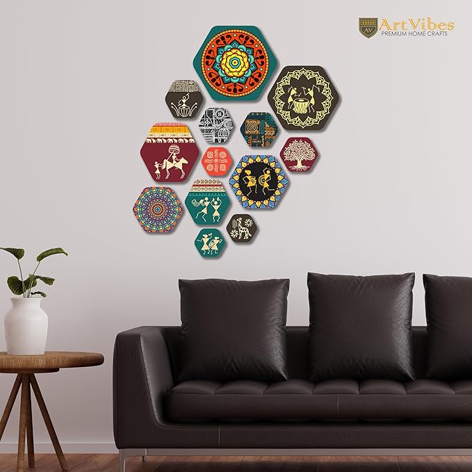 Artvibes Designer Wooden Wall Hanging Decoration for Home | Pack of 13 Pieces