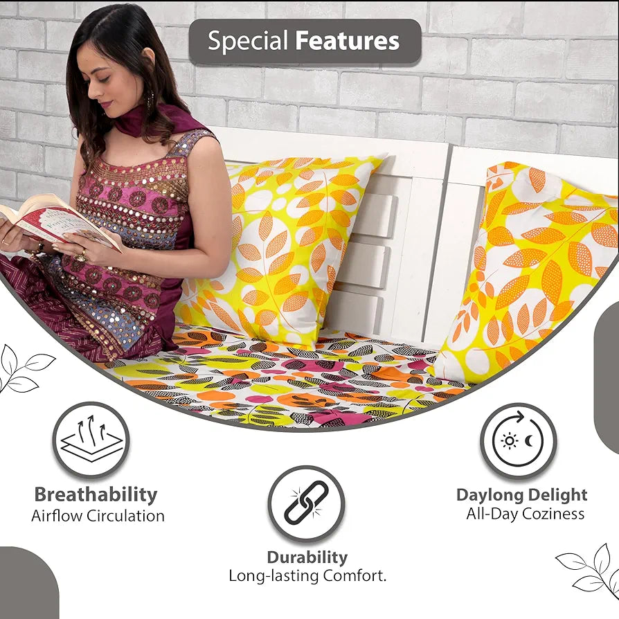 Divine Casa 144 TC Cotton Bedsheet for Double Bed with 2 Pillow Cover Colour Orange & Yellow