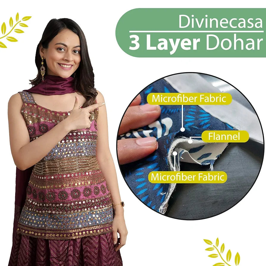 Divine Casa 120 GSM Microfiber Double Dohar Soft & Lightweight Throw Blanket Tropical Leaf Pattern Colour Green & Yellow