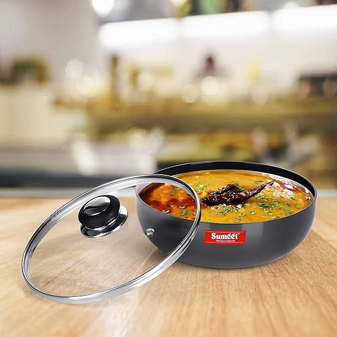 Sumeet 3mm Hard Anodized Deep Tasla with Glass Lid Size No - 12 (22.5cm Dia 2.3 Liters)